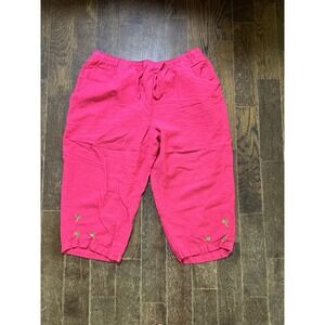 The Quacker Factory Pink Linen Blend Pants Womens Size‎ Large Cropped Palm Trees